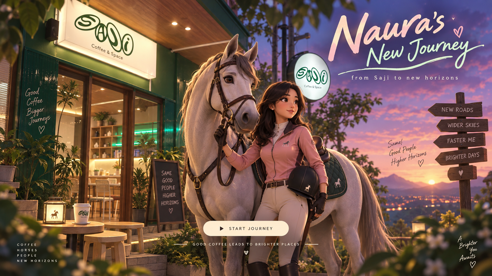 Naura in a pink riding jacket with her white horse outside Saji Coffee & Space at sunset. Naura’s New Journey, from Saji to new horizons.